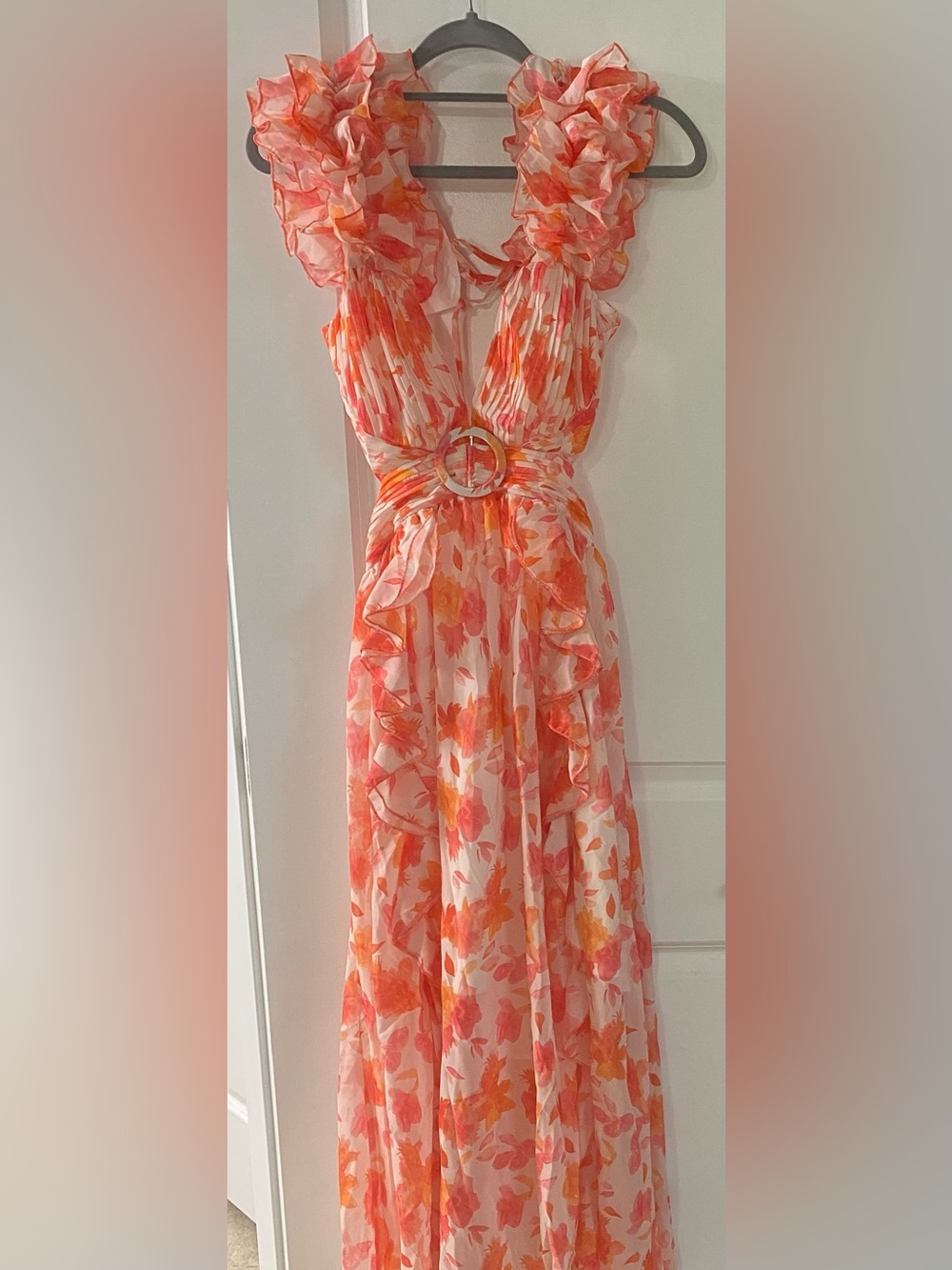 Floral Ruffle Maxi Dress with Waist Ring in Orange & Pink